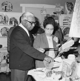Photograph, Pastor Doug Nicholls at Bill Onus's shop in Belgrave 1966