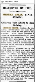 Article - Menzies Creek State School fire article, Destroyed By Fire - Menzies Creek State School