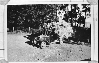Photograph - Ernie Thorn, Bill Hermon and Jim Norton carting hay