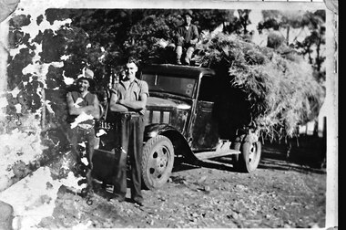 Photograph - Ernie Thorn, Bill Hermon and Jim Norton carting hay