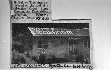 Photograph - Newspaper clipping, "Vote O'Connor 1" painted on roof of Breen's house
