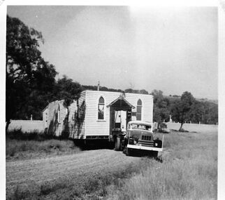 Photograph, Narre Warren Methodist Church being relocated in 1968