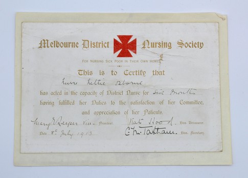 A 1913 Melbourne District Nursing Society Certificate of Employment