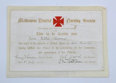 A 1913 Melbourne District Nursing Society Certificate of Employment
