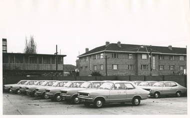 The Royal District Nursing Service (RDNS) fleet of Holden Torana vehicles in the RDNS car park at Headquarters