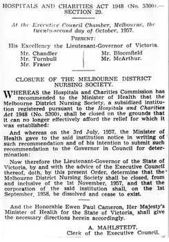 Closure of the Melbourne District Nursing Society document