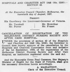 Cancellation of Registration of Melbourne District Nursing Society and After Care Hospital document