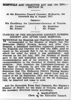 Closure of the Melbourne District Nursing Society and After Care Hospital document