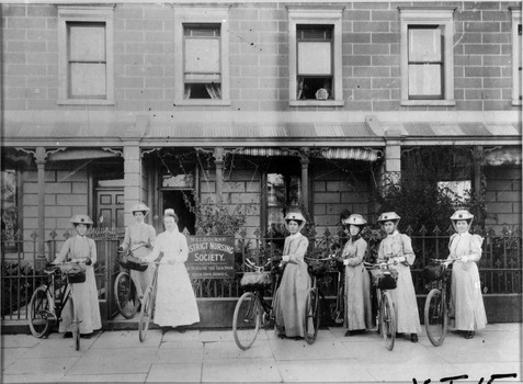 Early Melbourne District Nursing Society trained nurses outside their new Headquarters