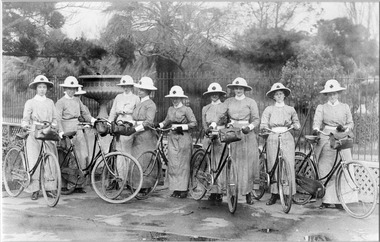 Early group of Melbourne District Nursing Society Trained nurses with their bicycles