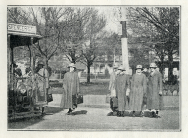 Melbourne District Nursing Society (MDNS) Sisters boarding a Cable tram to visit their patients in the community
