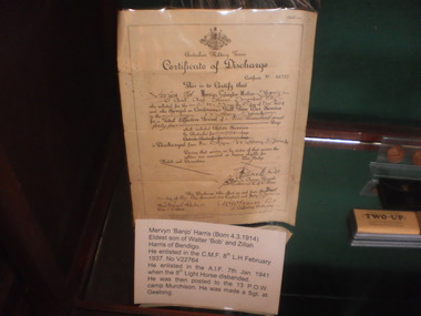 Mervyn 'Banjo' Harris certificate of Discharge, 1944