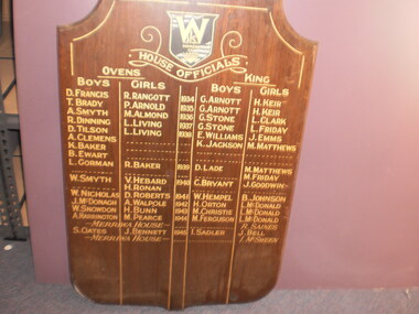 WHS House Captains Honour Board, 1934-1945