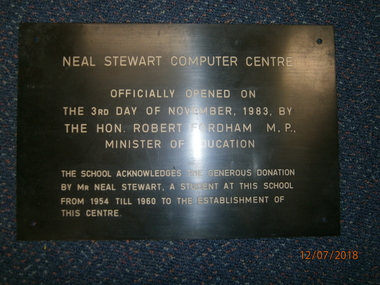 WHS Building Opening Plaque, 1983