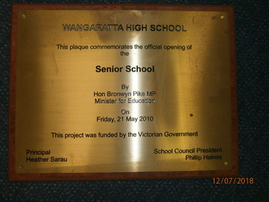WHS Building Opening Plaque, 2010