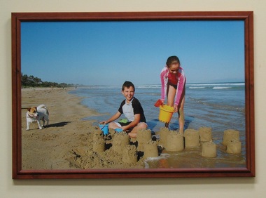 Photograph, Framed, Twins Hannah & Jack building sandcastles with dog at Waratah Bay 2003, 2003