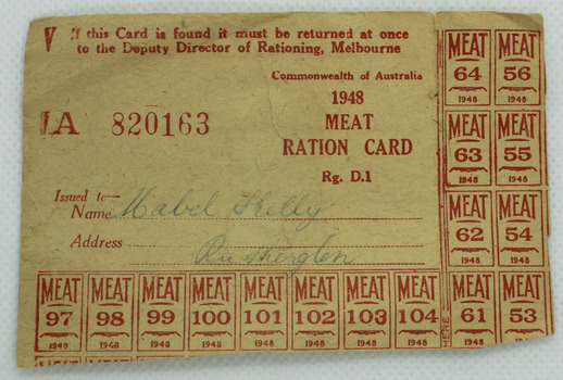 Printed rectangular piece of paper with red text showing squares for 16 rations. Made out to Mabel Kelly in handwriten ink.