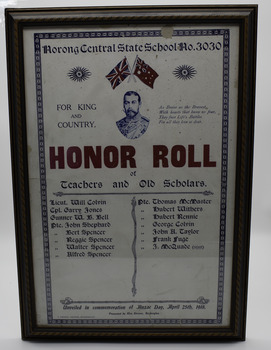 Printed poster in brown wooden, glass-fronted frame. Shows illustration portrait of the King and lists names of those who served in WWI from Norong Central State School..