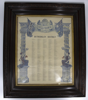 Black wooden, glass fronted frame of printed poster. White background with blue text. Illustrated columns with flags and crowns atop and women holding wreaths on sides.Five columns of names in small black priint. 