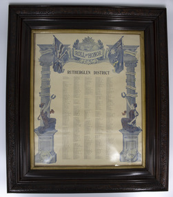 Black wooden, glass fronted frame of printed poster. White background with blue text. Illustrated columns with flags and crowns atop and women holding wreaths on sides.Five columns of names in small black priint. 