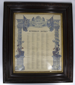Black wooden, glass fronted frame of printed poster. White background with blue text. Illustrated columns with flags and crowns atop and women holding wreaths on sides.Five columns of names in small black priint. 