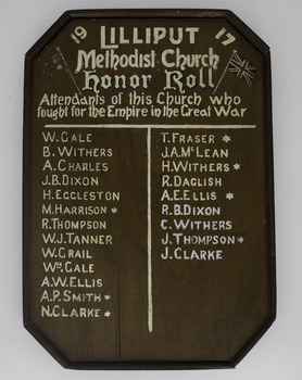 Wooden sign board, retangular with octagon-style corners, white painted names of those who served and small Australian and UK flags.