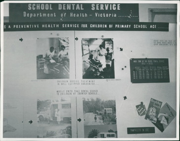 Photograph, This photograph shows a promotional display, for children of primary school age, for the School Dental Service. The poster in display outlines work done by the School Dental Service in the period 1951 to 1955