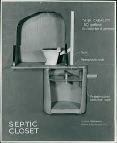 Photograph, Promotional display of a model of an early domestic septic toilet system and tank capacity & dimensions by the Public Health Department Publicity Photographs