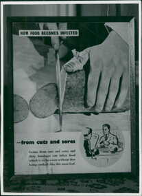 Photograph, "How Food Becomes Infected" from cuts and sores - promotional display highlighting hygiene and hands in food preparation - Department of Health - Publicity material
