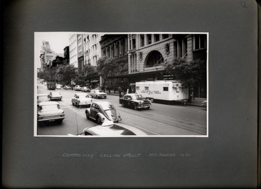 Photograph, A view of the chest x-ray caravan operating outside of Centreway Arcade Collin Street in 1962, looking towards the Melbourne City Town Hall, and further St Patricks - 3 of 3 Photos - Department of Health - Tuberculosis Branch - Publicity material