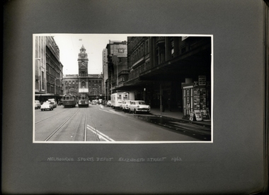 Photograph, A chest x-ray caravan  operating outside of Melbourne Sports Depot on Elizabeth St in 1962, looking towards Flinders Street Station - 2 of 2 Photos - Department of Health - Publicity material