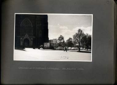 Photograph, A chest x-ray caravan operating outside of St Patrick's Cathedral Melbourne in 1962 - 1 of 2 Photos - Department of Health - Publicity material