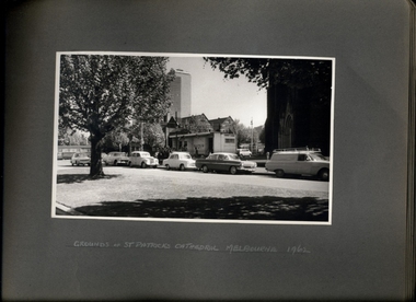 Photograph, A chest x-ray caravan, with a qeue of people outside, operating outside of St Patrick's Cathedral Melbourne in 1962 - 2 of 2 Photos - Department of Health - Tuberculosis Branch - Publicity material