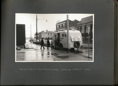 Photograph, X-ray Van Outside of the William Angliss Food Trade School La Trobe St 1962 - Department of Health - Tuberculosis Branch - Chest X-Ray Surveys program - Photograph Album