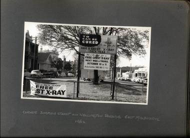 Photograph, X-ray caravan at the corner of Simpson St and Wellington Parade East Melbourne 1962 - Department of Health - Tuberculosis Branch - Chest X-Ray Surveys program