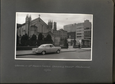 Photograph, X-ray caravan on the grounds of St Francis Church Lonsdale St 1962 - Department of Health - Tuberculosis Branch - Chest X-Ray Surveys program