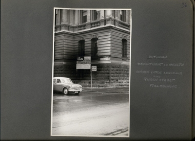 Photograph, Victorian Department of Health corner of Little Lonsdale & Queen St 1962 - Hillman Minx Car in Foreground - Department of Health - Tuberculosis Branch - Chest X-Ray Surveys program