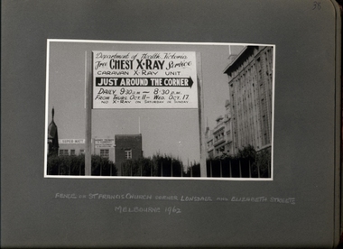 Photograph, "Free Chest X-Ray Service" "Caravan X-Ray Unit" "Just Around The Corner" - Department of Health - Tuberculosis Branch - Chest X-Ray Surveys program