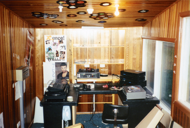 Photograph, Photo of Winlaton Radio Room / Studio with microphone record player & cassette tape deck