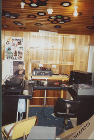 Photograph, Winlaton broadcast studio with record turntable, cassette tape deck, microphone - Winlaton Radio Room