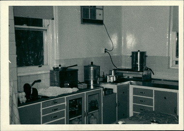 Interior - Photo of interior of kitchen, hot water urns, air conditioning unit, at Alexandra District Hospital. Photo take in March 1978 - Regional & District Hospital Collection - Department of Health & Human Services (DHHS)