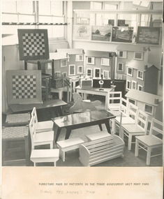 Photograph, Photo of mirror frames, chessboards, children's furniture, taken for display at Australian Institute of Engineers Exhibition 1960 of furniture made by patients at Mont Park Occupational Therapy Unit