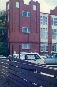Photograph, Fawkner Mansion, 250 Punt Rd, from fence line through carpark to the back of tenement - City Landscapes - Photo taken by Property Management Services / Public housing - Inner City Melbourne - Early 1980s