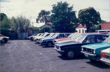 Photograph, Tenement carpark (Fawkner Mansion?) - City Landscapes - Photo taken by Property Management Services / Public housing - Inner City Melbourne - Early 1980s