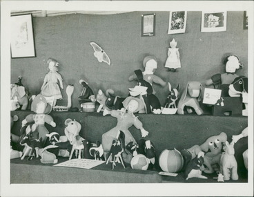 Photograph, An exhibition of stuffed toys, made by patients, as an example of a contribution to the post war effort - Gresswell Tuberculosis Sanitorium - Mont Park - June 1946