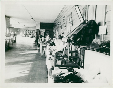 Photograph, An exhibition of manufactured leather and woodwork products, in June 1946, such as shoes, handbags and furniture made by patients at Gresswell Sanitorium as a contribution to the war effort - Mont Park
