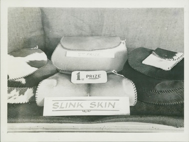 Photograph, 1st Prize for "Slink Skin" handbags and purses, leather items exhibited and made by patients at Gresswell Sanitorium as a contribution to the war effort circa June 1946 - Mont Park