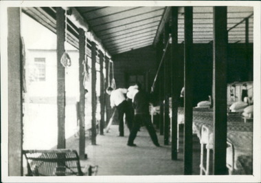 Photograph, Sweeping the floor for dust and dirt and the ceiling for cobwebs in an open air ward used in the day time at Gresswell Sanitorium - Mont Park