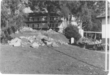 Photograph, The bank above the driveway before the installation / landscaping of a stone wall - from a group of landscape construction photos - Beechworth Asylum