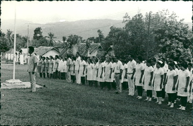 Photograph, Hospital staff, standing to attention, of Ambon Hospital attending presentation ceremony of donated equipment - Photo from Dr John A Forbes Fairfield / Gull Force 2/21 Bn AIF / Ziarah Caltex & Rumah Sakit Ambon Hospital Indonesia Collection circa 1970 to 1971